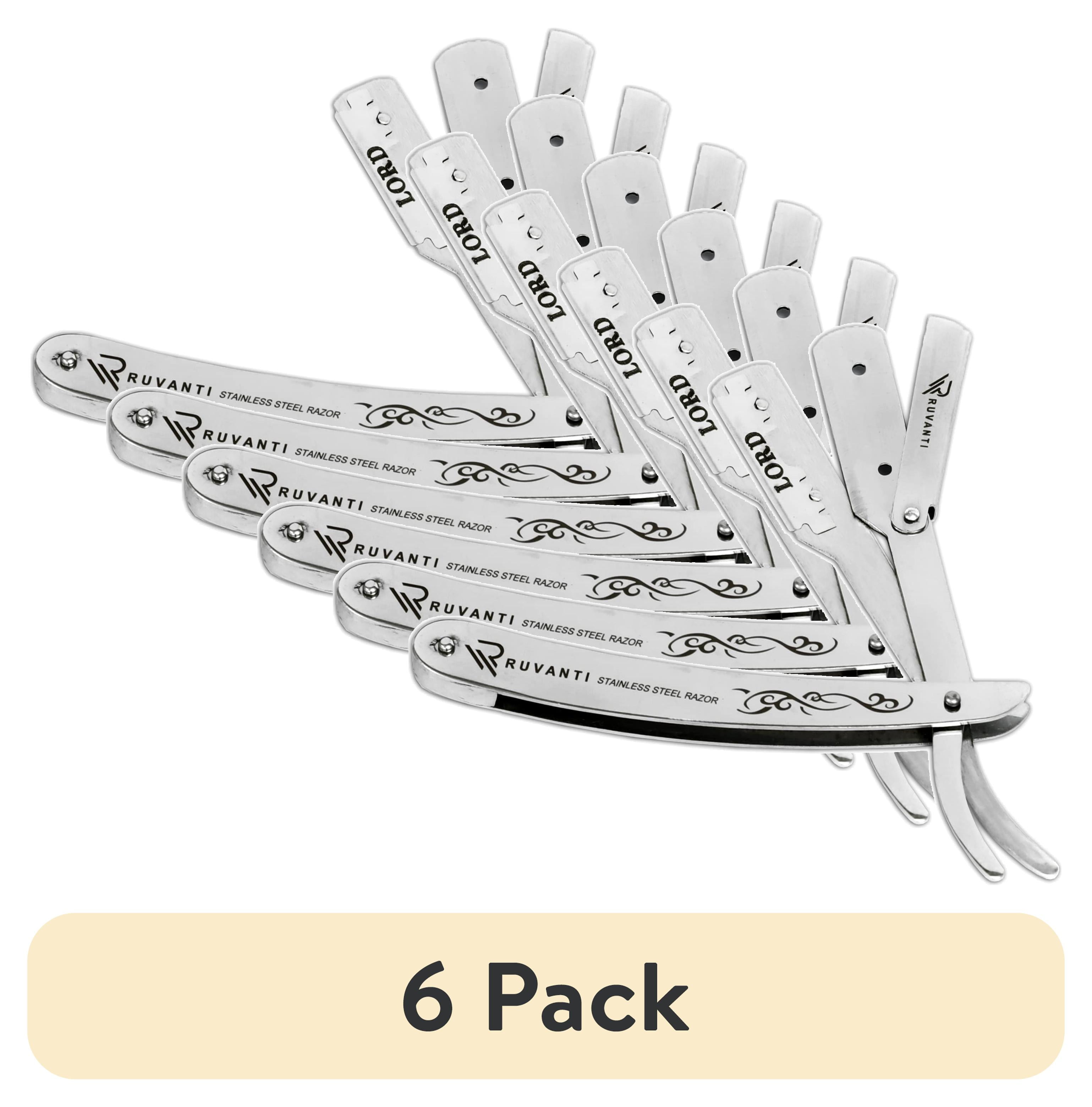 (6 pack) Ruvanti Straight Edge Razor for Professional Barbers, Best for Salon and Home Use - for Men's Shave (Silver)