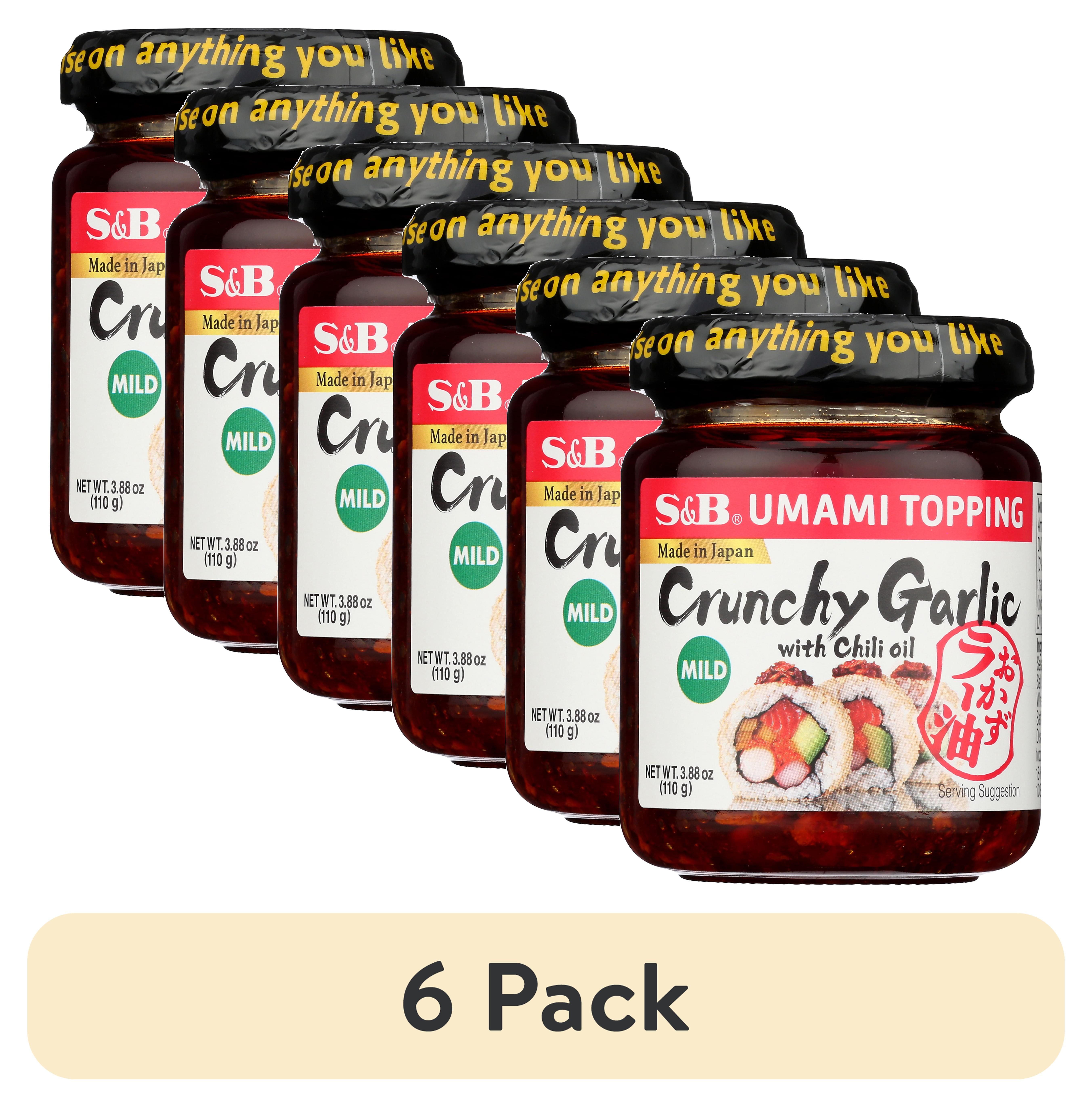 (6 pack) S&B Crunchy Garlic Umami Topping with Chili Oil, 3.88 oz, Contains Sesame, Soybean, Wheat, and Almond.