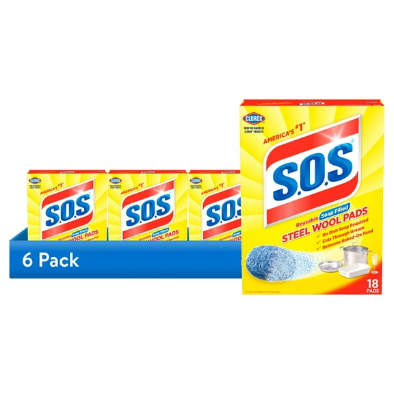 (6 pack) S.O.S Steel Wool Dish Scrubber Pads, 18 Pack