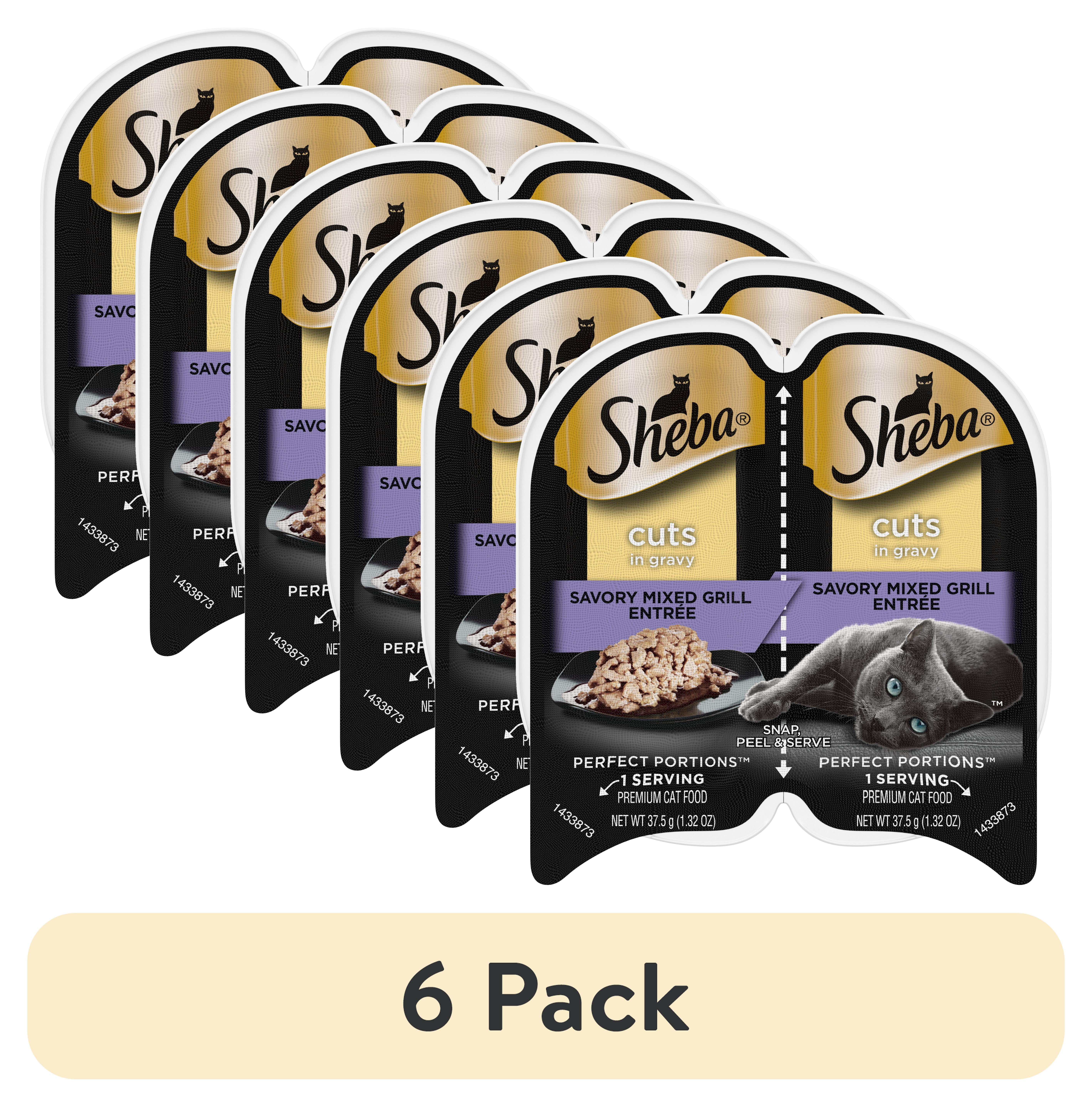 (6 pack) Sheba Wet Cat Food Cuts in Gravy Savory Mixed Grill Entree Perfect Portions Twin-Pack Tray, 2.6 oz