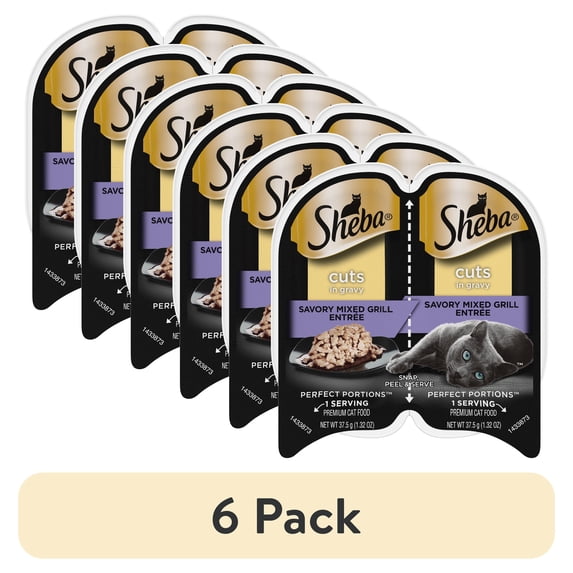 (6 pack) Sheba Wet Cat Food Cuts in Gravy Savory Mixed Grill Entree Perfect Portions Twin-Pack Tray, 2.6 oz