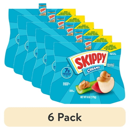 (6 pack) SKIPPY Creamy Peanut Butter Squeeze Pack, 7g Protein per Serving, Shelf-Stable, 6 oz Plastic Pouch