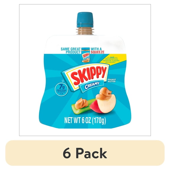 (6 pack) SKIPPY Creamy Peanut Butter Squeeze Pack, 7g Protein per Serving, Shelf-Stable, 6 oz Plastic Pouch