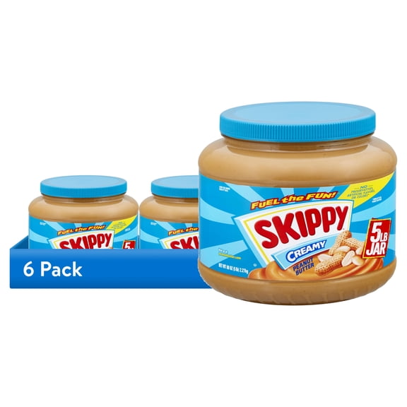 (6 pack) SKIPPY Peanut Butter, Creamy, 7 g Protein Per Serving, Shelf-Stable, 80 oz Plastic Jar