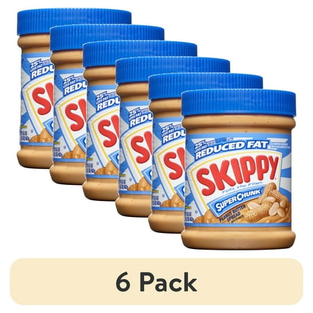 (6 pack) SKIPPY SUPER CHUNK Reduced Fat Peanut Butter Spread, Shelf-Stable, 16.3 oz Plastic Jar
