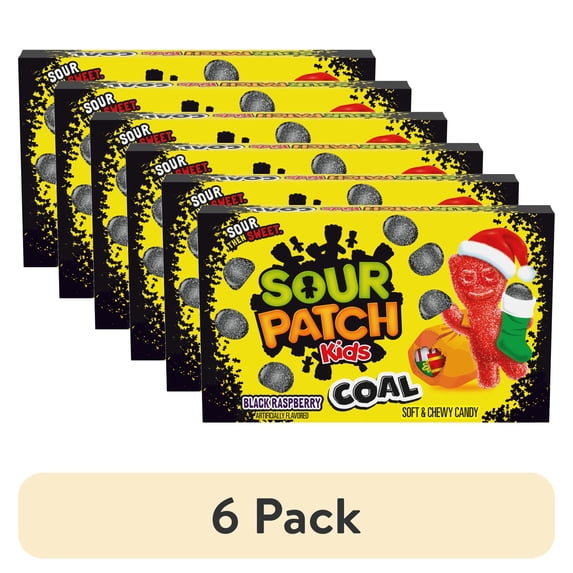 (6 pack) SOUR PATCH KIDS Coal Black Raspberry Soft & Chewy Holiday Candy, 3.1 oz