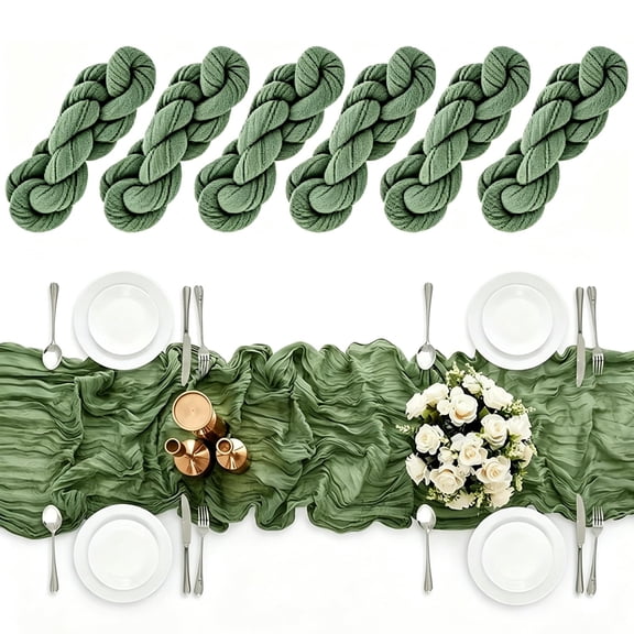 6 pack Sage Green Cheesecloth Table Runners, 35 x 71 Inch Gauze Table Runner for Wedding Reception, Boho Bridal Shower Dining Table Styling Rustic Event Decoration Washable Polyester Fabric