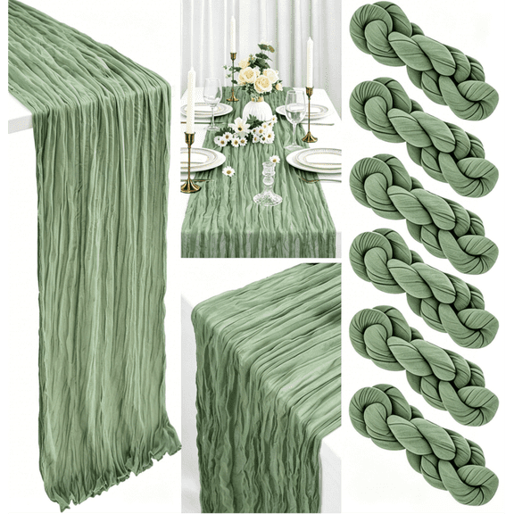 6 pack Sage Green Cheesecloth Table Runners, 35 x 71 Inch Gauze Table Runner for Wedding Reception, Boho Bridal Shower Dining Table Styling Rustic Event Decoration Washable Polyester Fabric