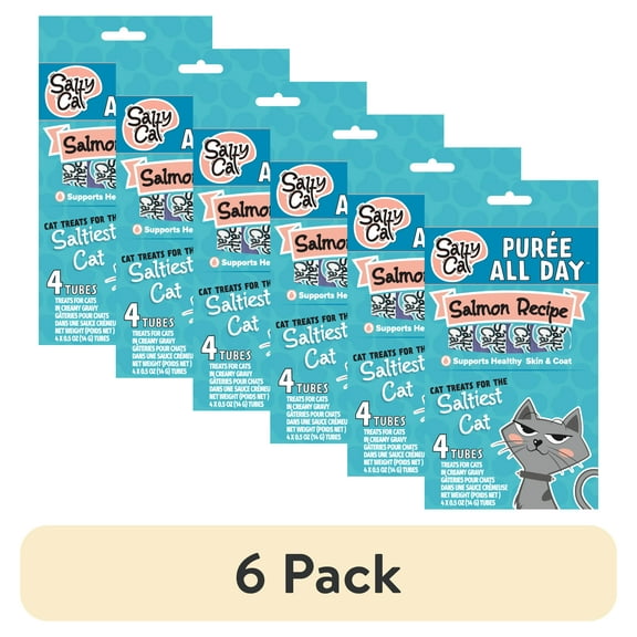(6 pack) Salty Cat Purée All Day Salmon Flavor Creamy Soft Treats for Cats, 14g Tube (4 Pack)
