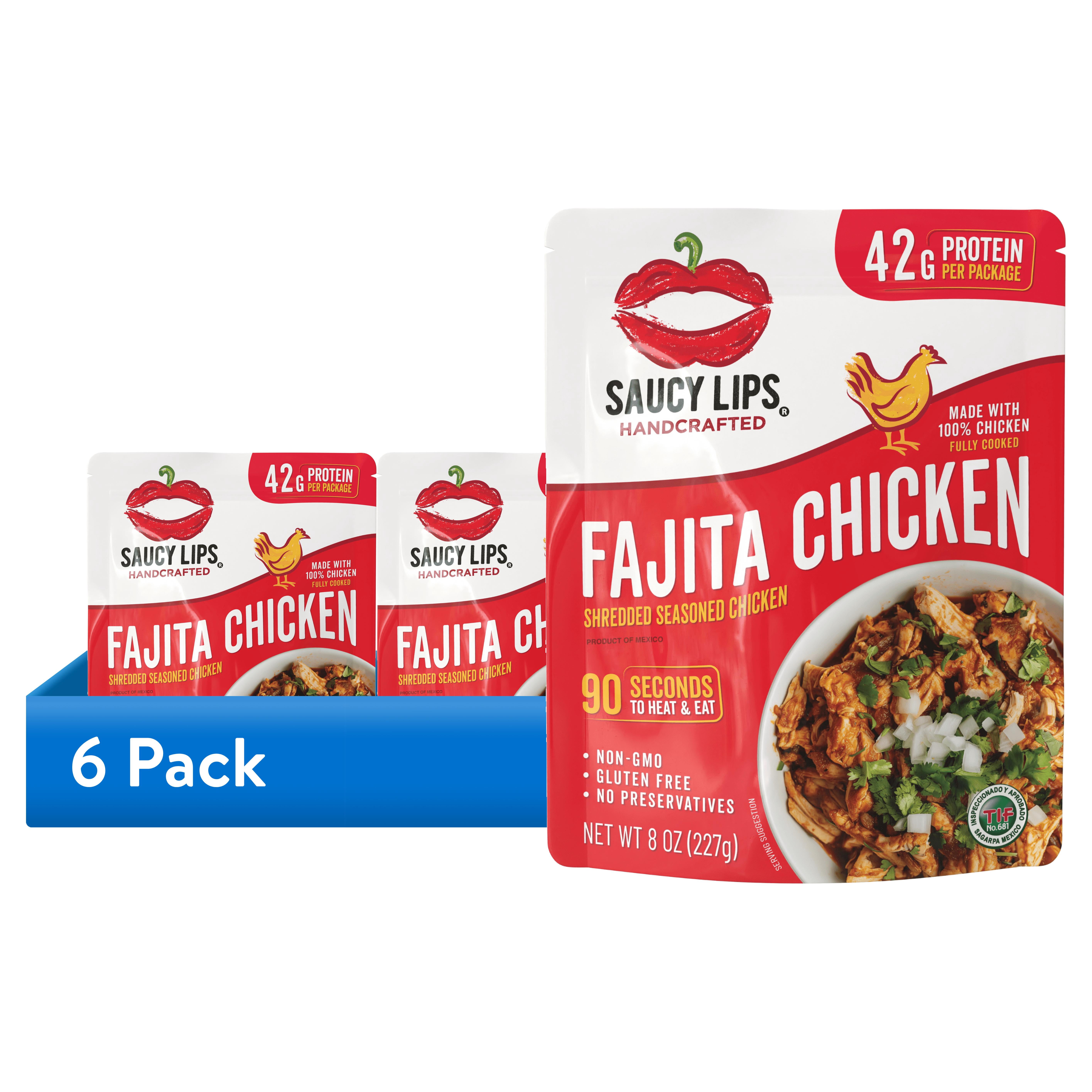 (6 pack) Saucy Lips Ready-To-Eat Fajita Shredded Chicken, Shredded & Seasoned, 42g Protein, 8 oz Pouch
