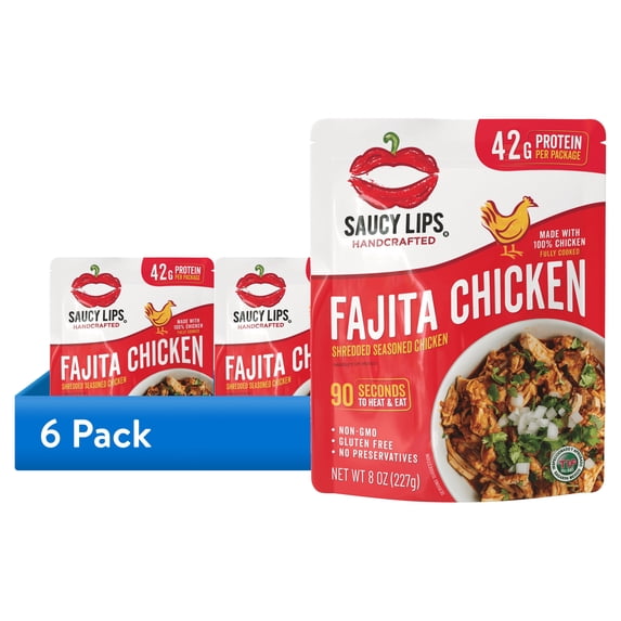 (6 pack) Saucy Lips Ready-To-Eat Fajita Shredded Chicken, Shredded & Seasoned, 42g Protein, 8 oz Pouch