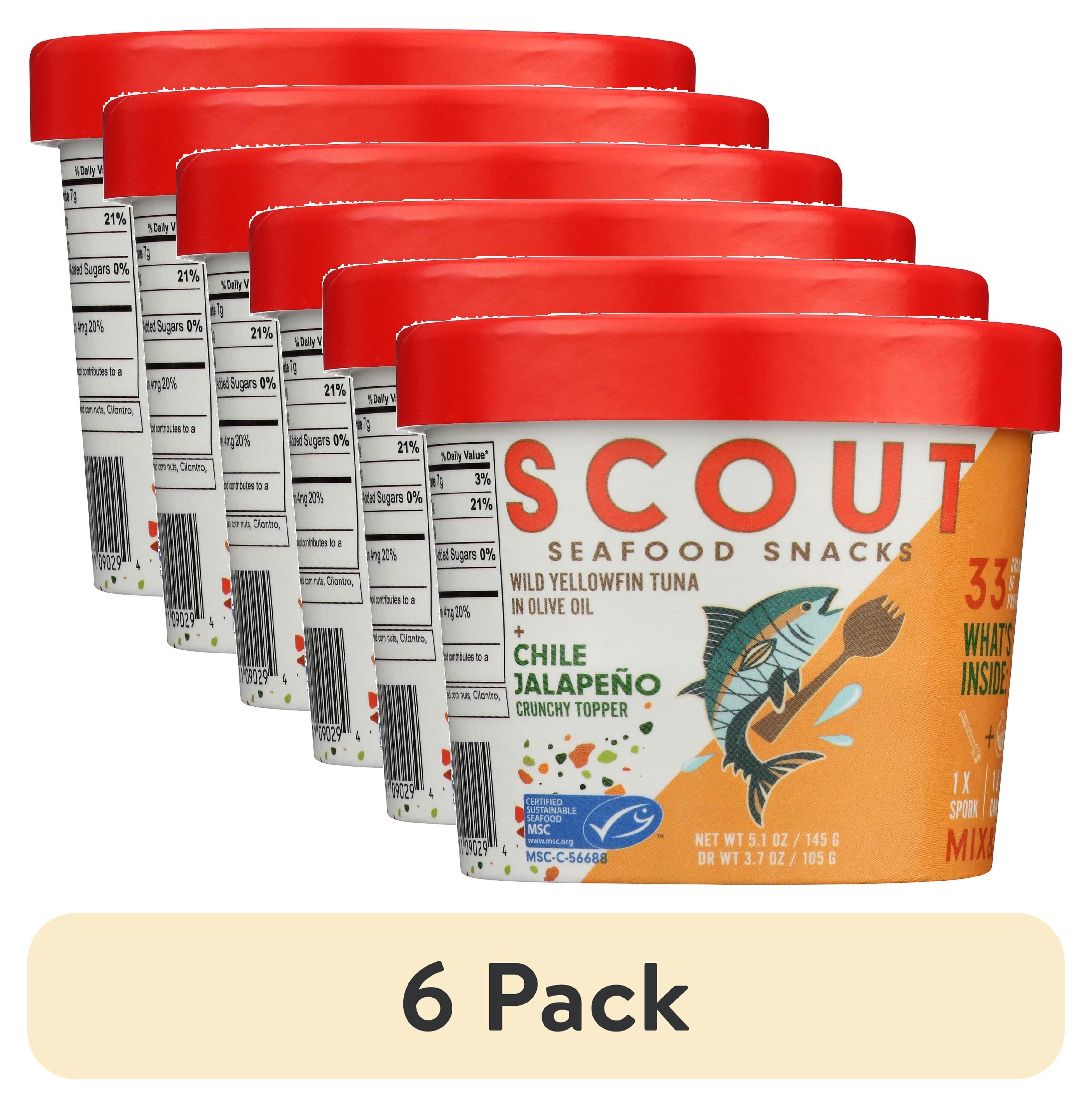 (6 pack) Scout Tuna Snack Kit, Chili Jalapeño, Wild Yellowfin Tuna + Crunchy Mix-in for 33g of Protein on the Go with Spork, 5.1oz Cup
