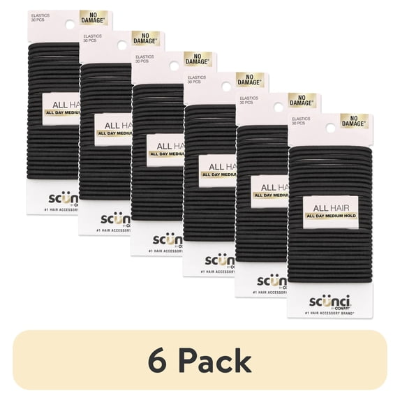 (6 pack) Scunci No Damage Elastic Stretch Nylon Ponytail Hair Ties, Black, 30 Count