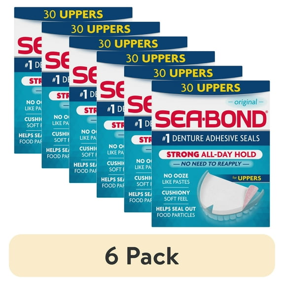 (6 pack) Sea Bond Secure Denture Adhesive Seals, Original Uppers, Zinc-Free, All-Day-Hold, Mess-Free, 30 Count