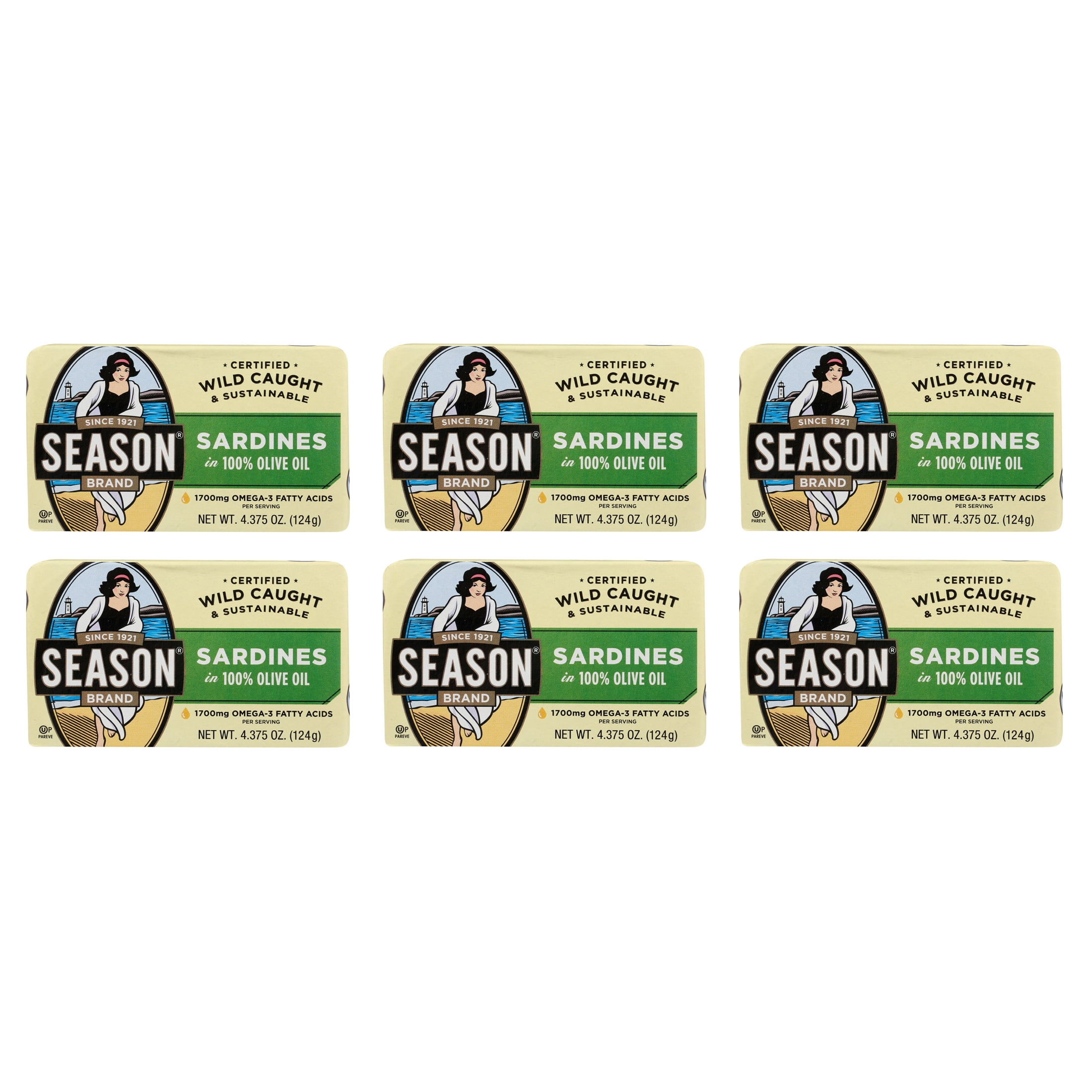 (6 pack) Season Sardines in Olive Oil, Salt Added, 4.375 oz Can