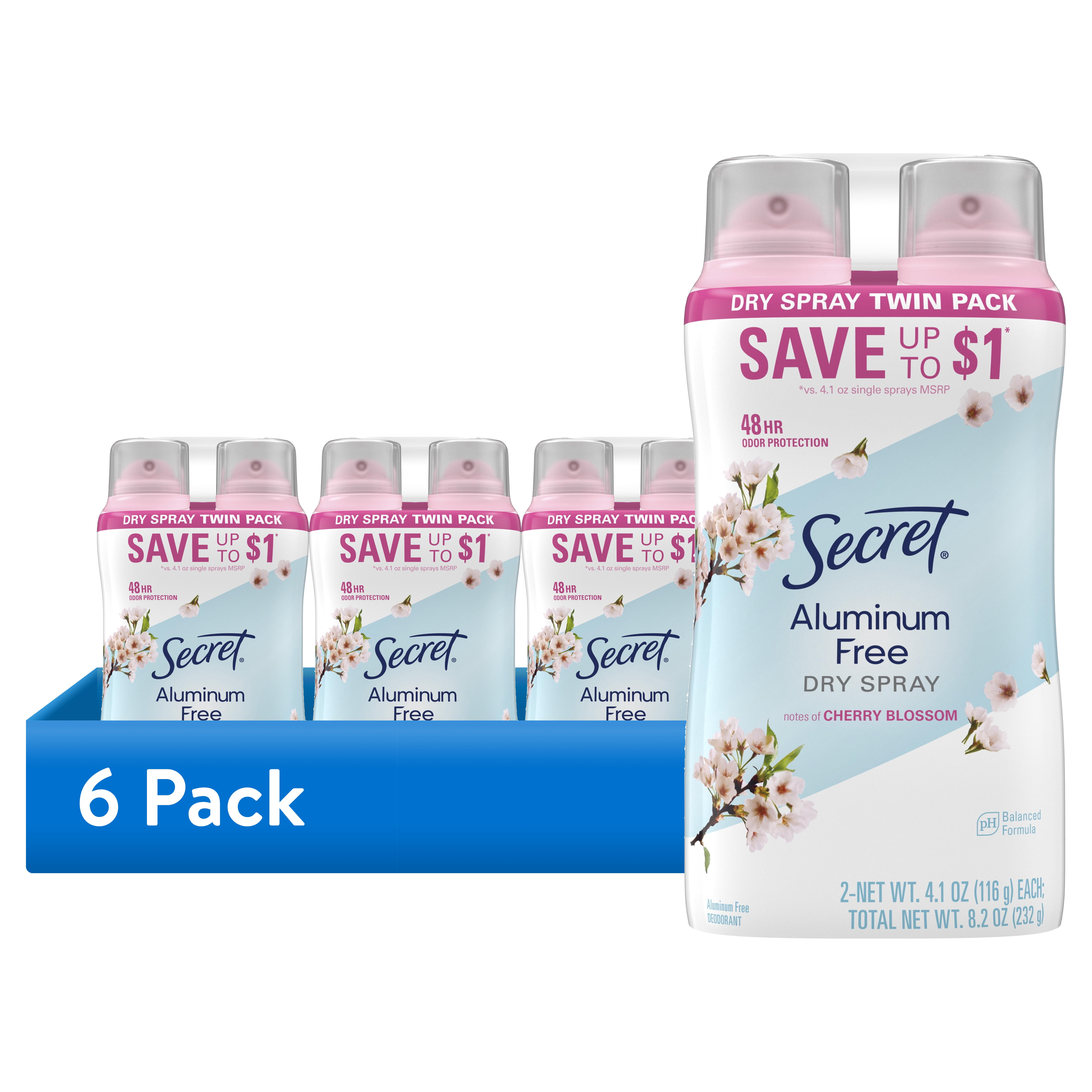 (6 pack) Secret Dry Spray Aluminum Free Deodorant for Women, Cherry Blossom, 4.1oz, Pack of 2