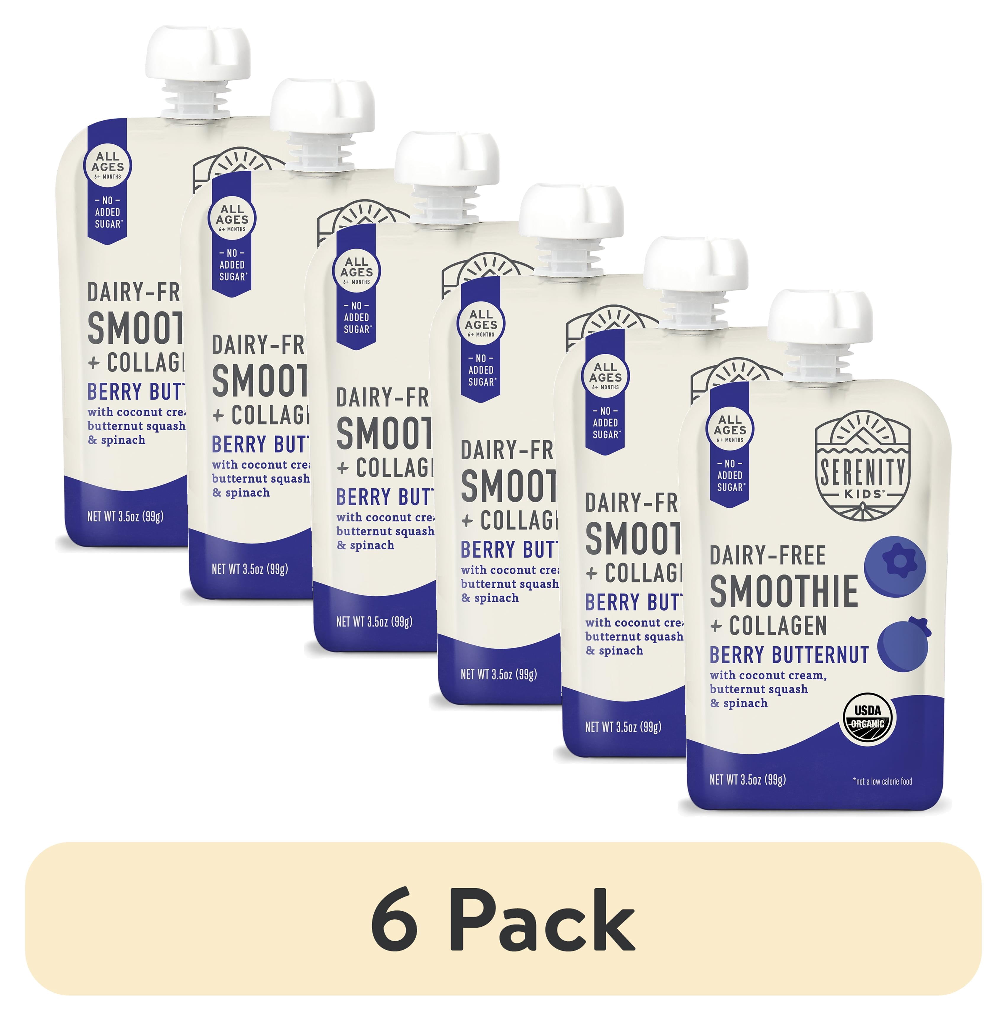 (6 pack) Serenity Kids Dairy Free Organic Berry & Butternut Smoothie + Protein Stage 2 Baby Food Grass Fed Collagen, 3.5oz Pouch