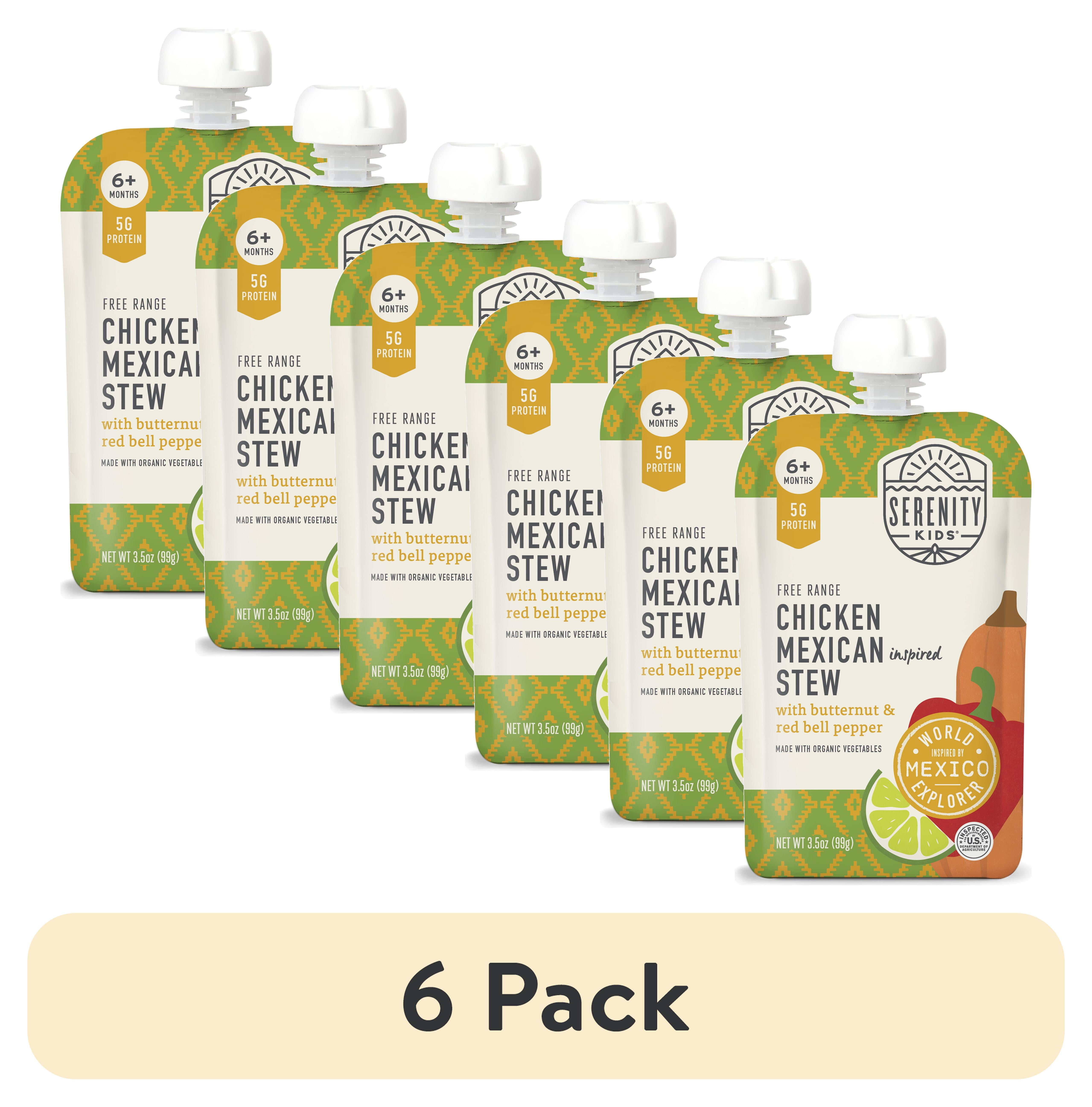 (6 pack) Serenity Kids Free Range Chicken Mexican Inspired Stew Stage 2 Baby Food, Organic Veggies & Spices, 3.5oz Pouch