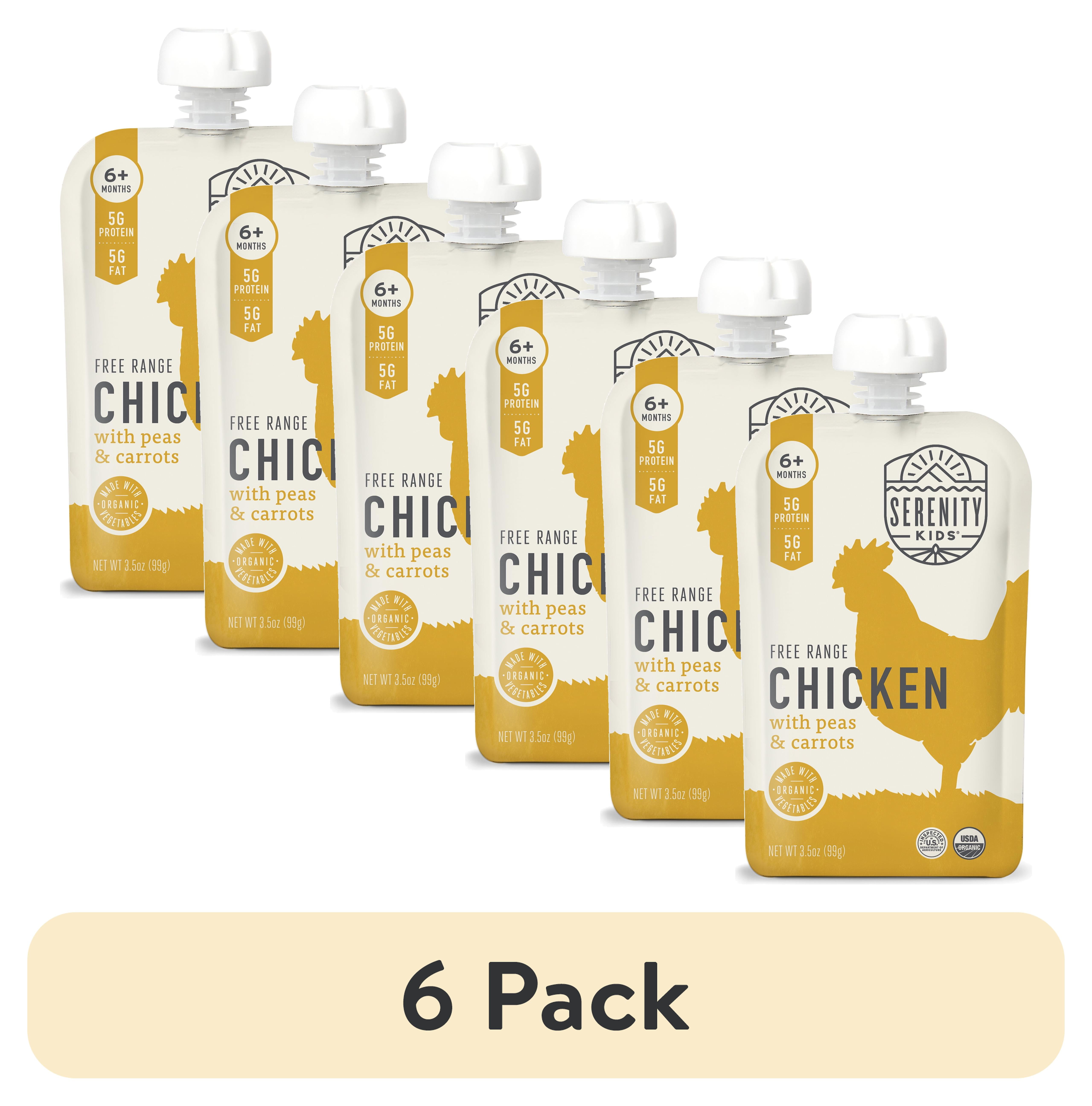 (6 pack) Serenity Kids Stage 2 Organic Free Range Chicken Baby Food with Peas & Carrots, 3.5oz Pouch