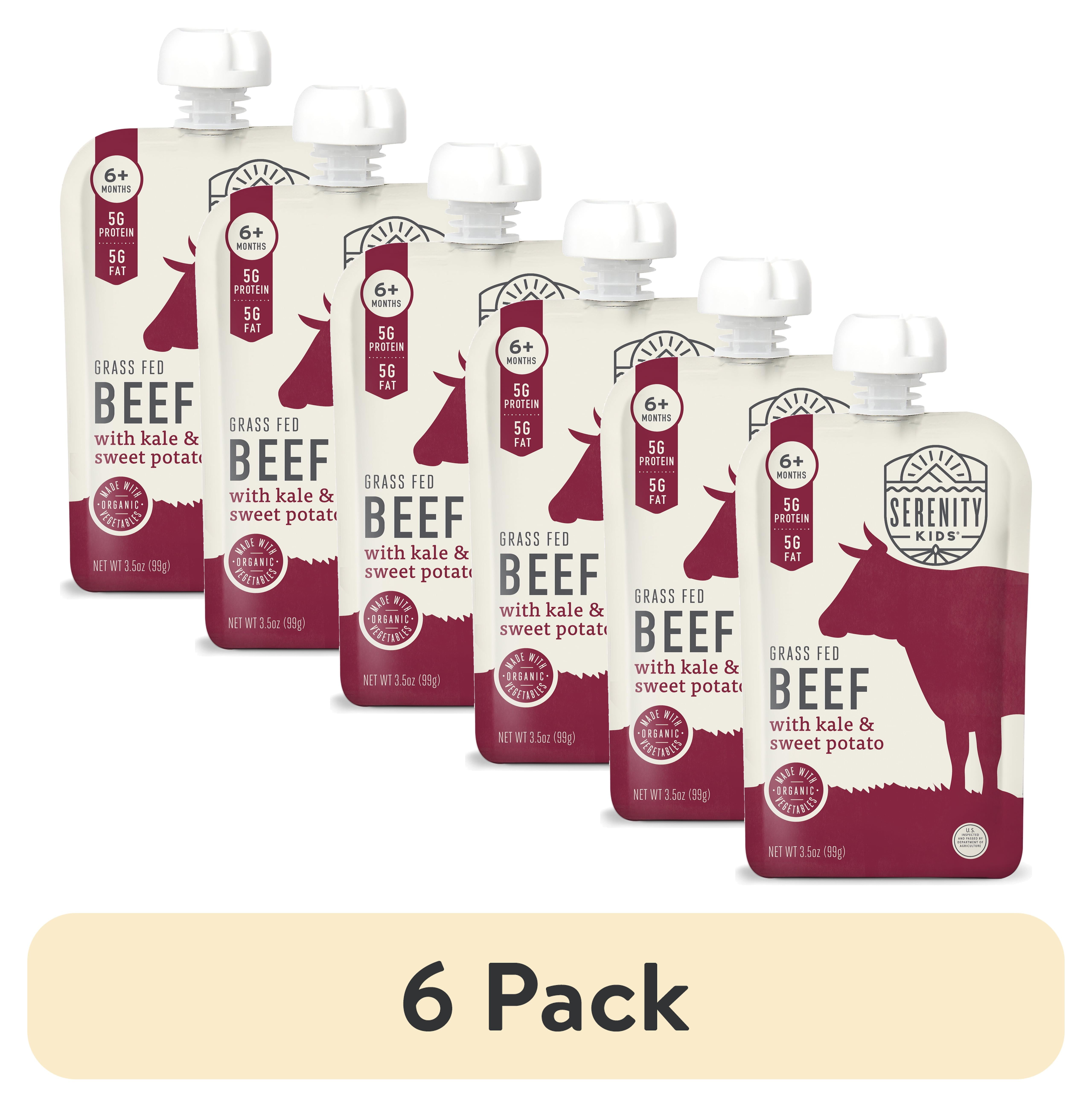 (6 pack) Serenity Kids Organic Grass Fed Beef, Kale & Sweet Potato Stage 2 Baby Food, 3.5 oz