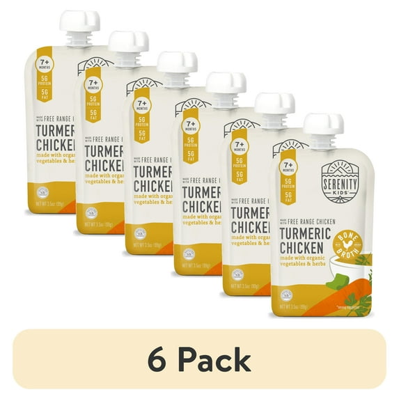 (6 pack) Serenity Kids Turmeric Chicken Stage 2 Baby Food Organic Veggies, Herbs & Bone Broth, 3.5oz Pouch