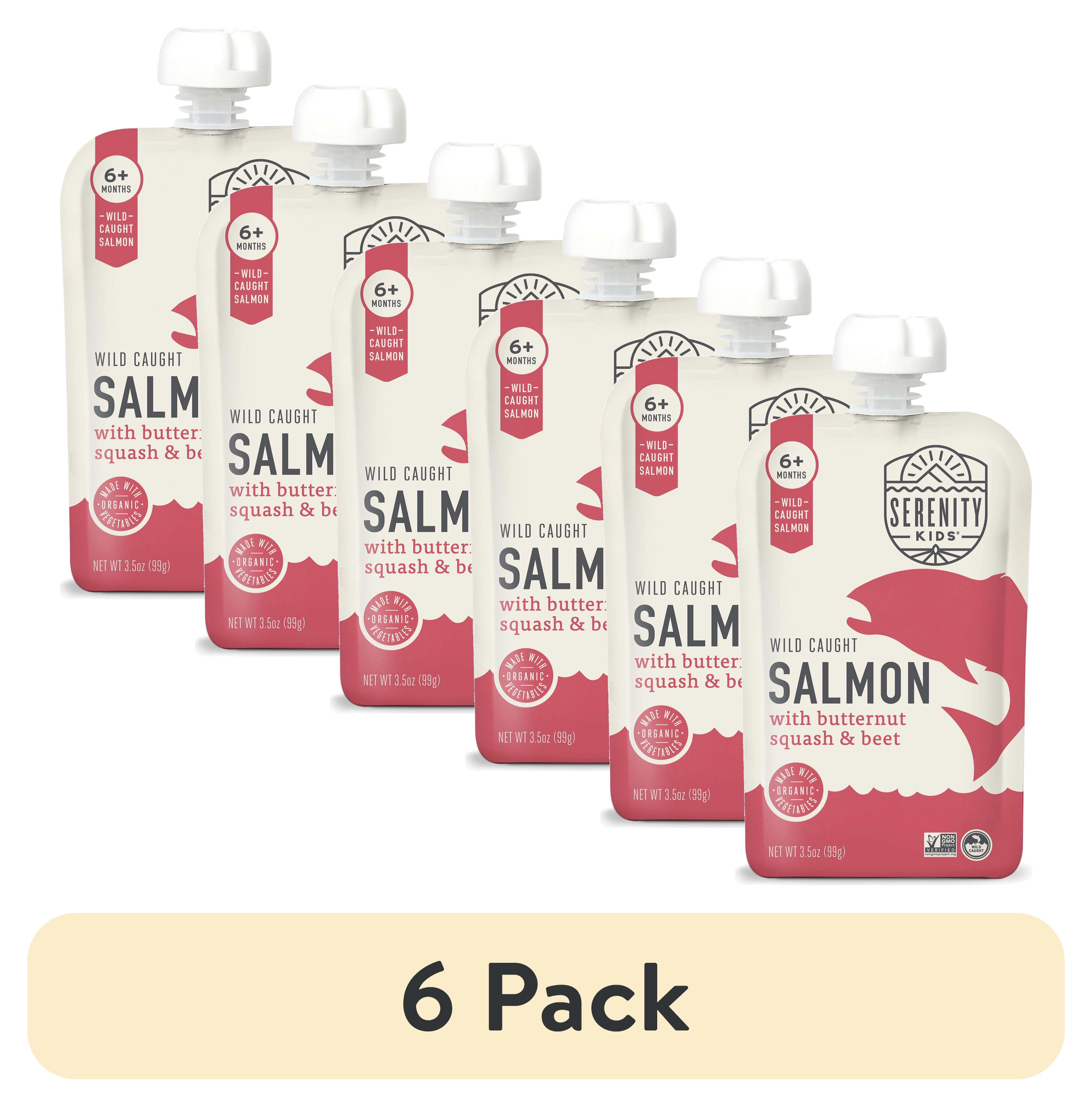 (6 pack) Serenity Kids Wild Caught Salmon Stage 2 Baby Food with Organic Butternut Squash & Beet, 3.5oz Pouch