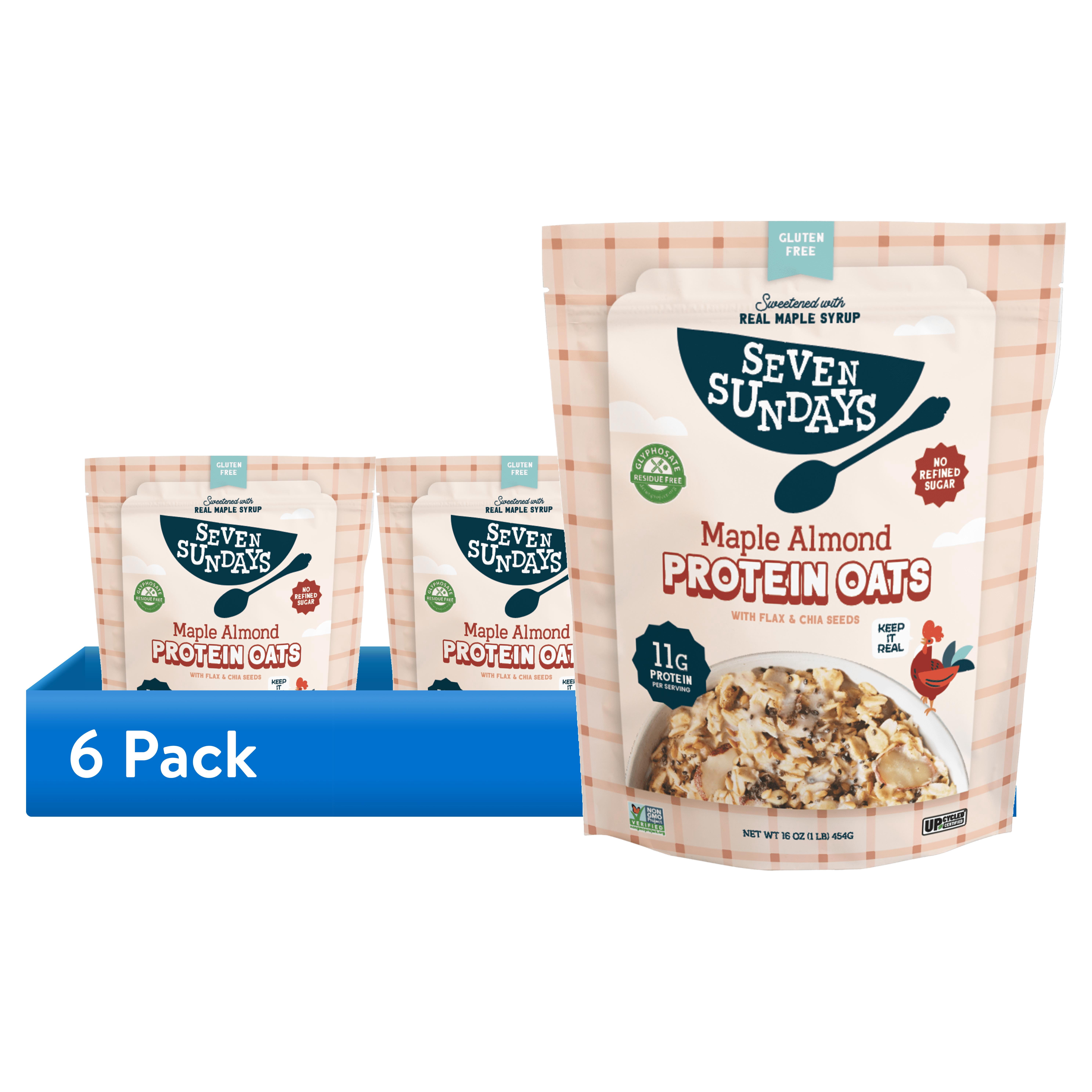 (6 pack) Seven Sundays Maple Almond Flax Chia Protein Overnight Oatmeal, Gluten Free, 16 oz Bag