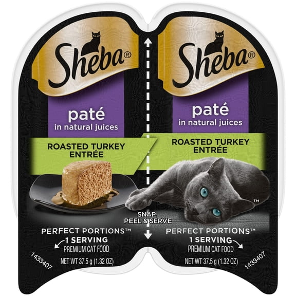 (6 pack) Sheba Wet Cat Food Pate, Roasted Turkey Entree, 2.6 oz Perfect Portions Twin Pack Tray