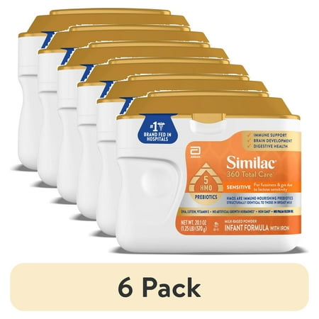 (6 pack) Similac 360 Total Care Sensitive Baby Formula Powder, Has 5 HMO Prebiotics, 20.1-oz Tub