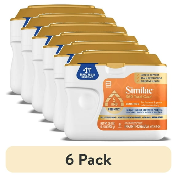 (6 pack) Similac 360 Total Care Sensitive Baby Formula Powder, Has 5 HMO Prebiotics, 20.1-oz Tub
