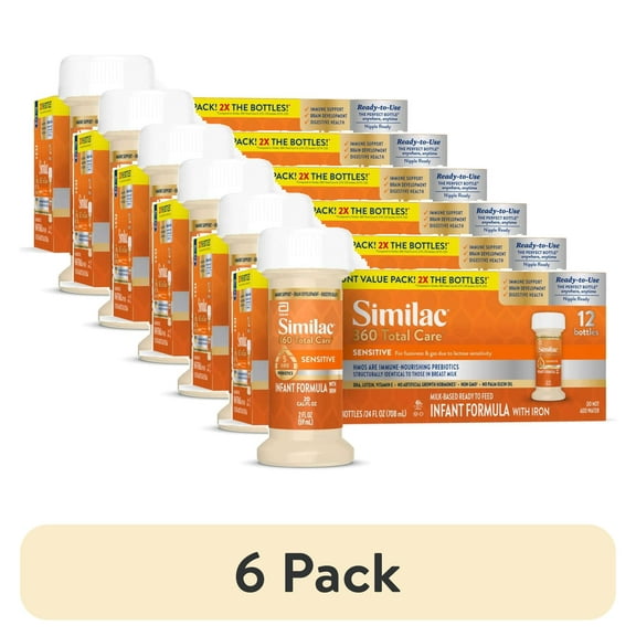 (6 pack) Similac 360 Total Care Sensitive Ready-to-Feed Baby Formula, Has 5 HMO Prebiotics, 2-fl-oz Bottle, Pack of 12