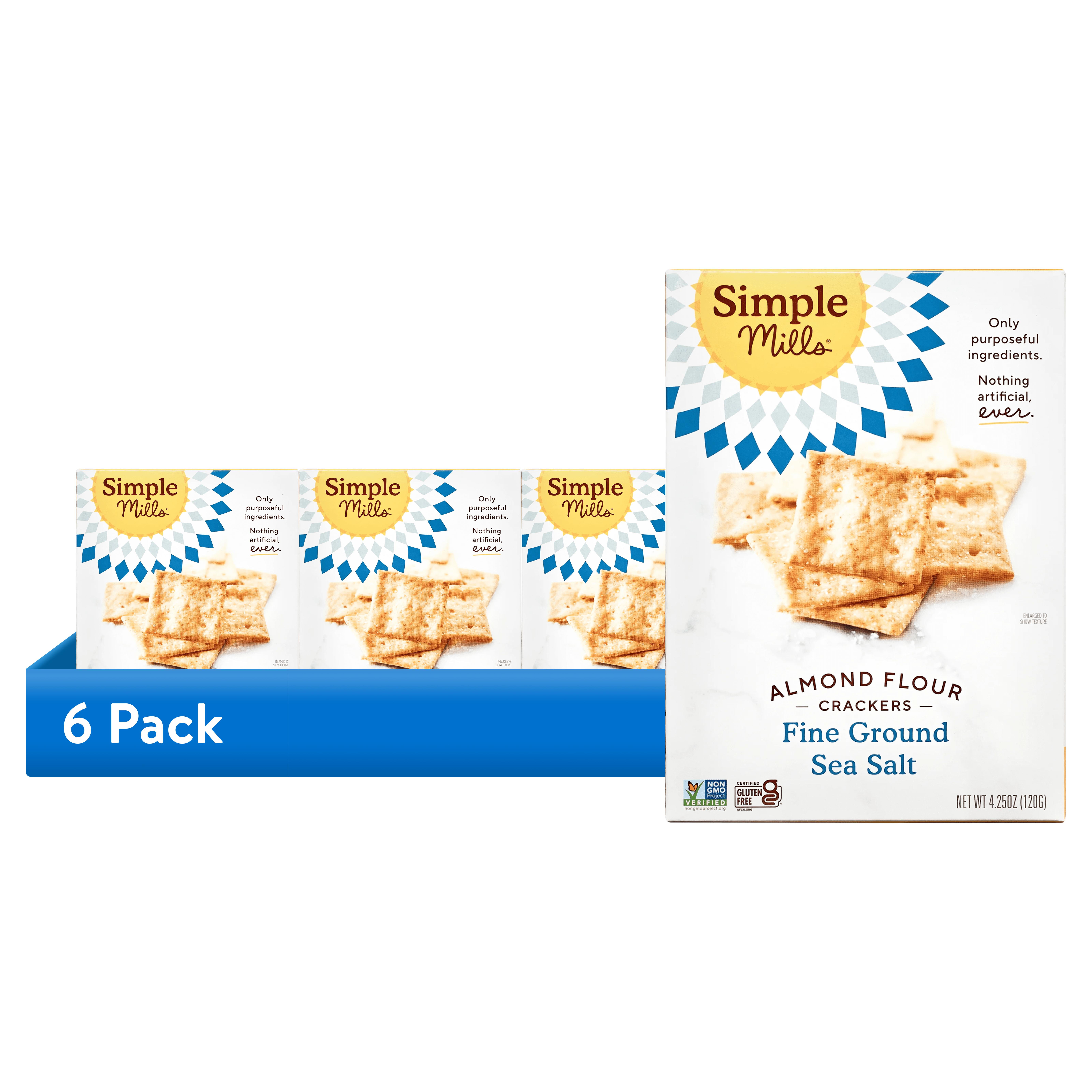 (6 pack) Simple Mills Crackers, Fine Ground Sea Salt, Almond Flour, 4.25 oz Box