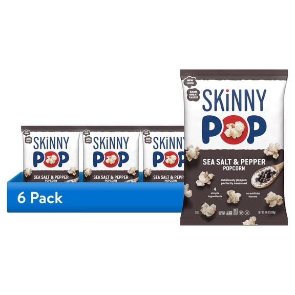 (6 pack) SkinnyPop Gluten-Free Sea Salt & Black Pepper Popcorn Snack, 4.4 oz