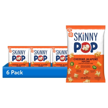(6 pack) Skinnypop Gluten Free Cheddar Jalapeno, 4.4 oz Sharing Size Bag, Skinny Pop, Healthy Popcorn Snacks