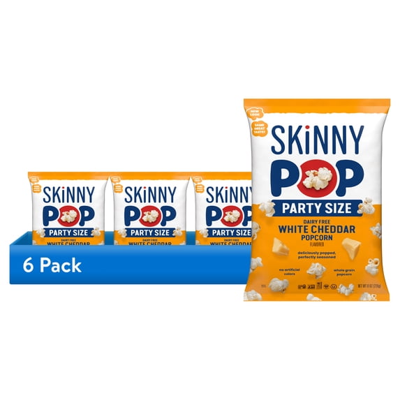 (6 pack) Skinnypop Dairy Free White Cheddar Popcorn, 8.0 oz Family Size Bag, Skinny Pop, Healthy Popcorn Snacks