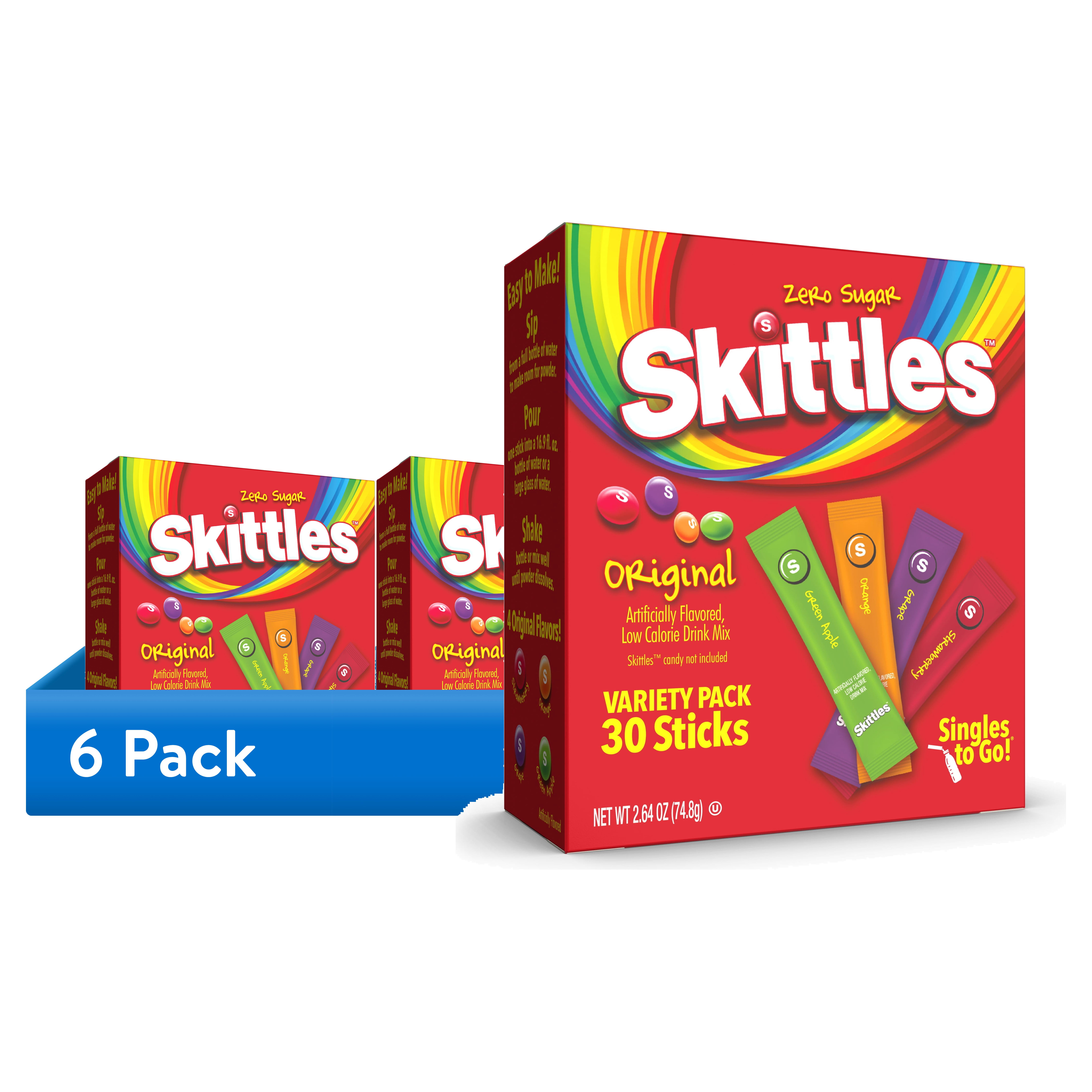 (6 pack) Skittles Zero Sugar Variety Pack Singles-to-Go Powdered Drink Mix, Original, 30 Count Packets