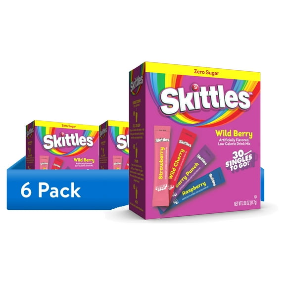 (6 pack) Skittles Zero Sugar Wild Berry Singles-to-Go Packs, Powdered Drink Mix, 2.88 oz, 30 Count Packets