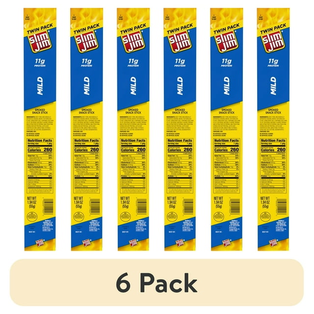 (6 pack) Slim Jim Smoked Meat Sticks, Mild Flavor, 11g Protein Per Serving, Twin Pack, Father's Day Gift, 1.94 oz.