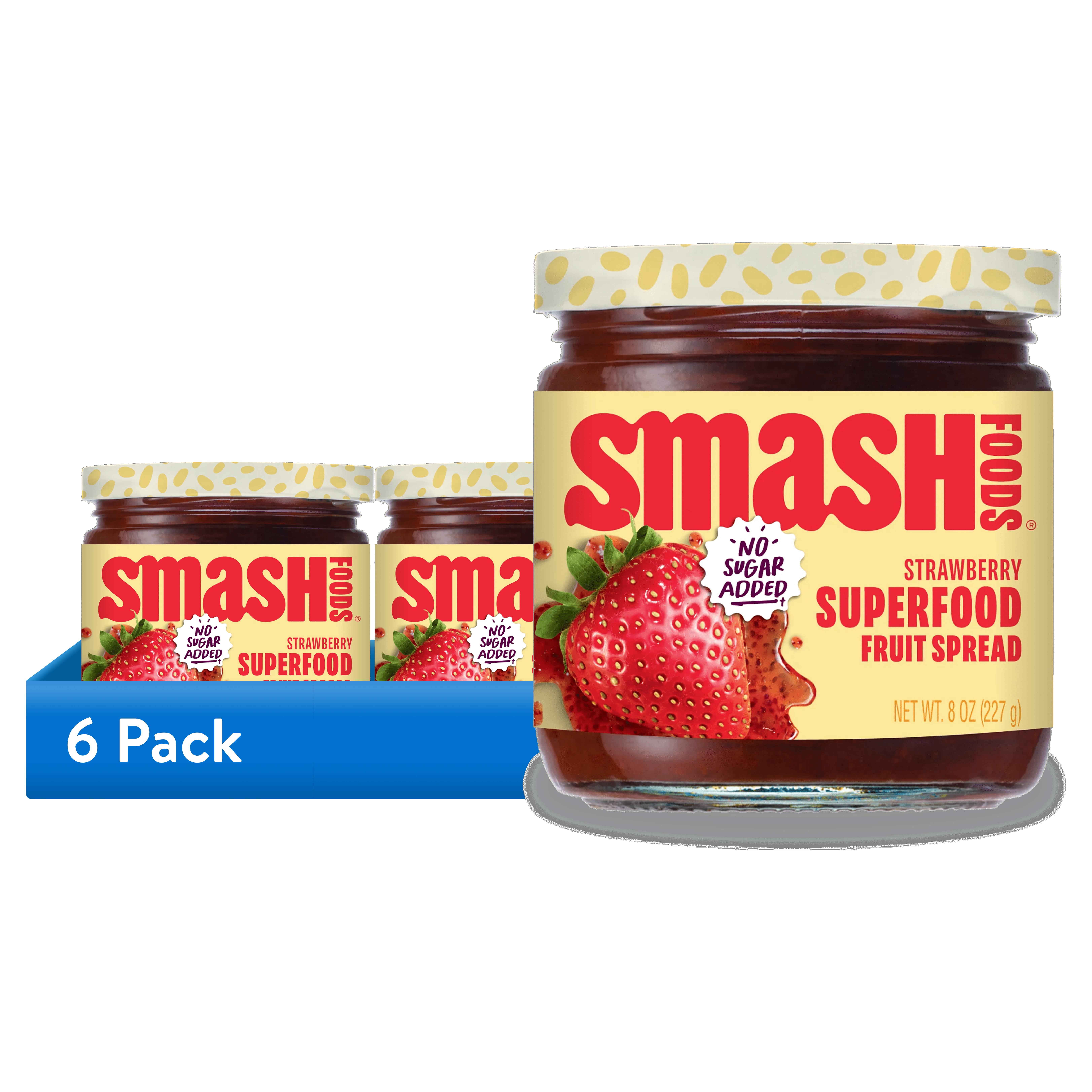 (6 pack) Smash Foods, Strawberry Jam, No Sugar Added, Low-Calorie, Vegan (1 Jar)