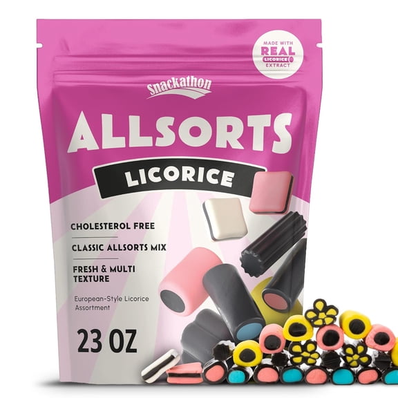 (6 pack) Snackathon Allsorts Licorice Candy Bulk, Resealable Snack Bag, Gourmet European-Style Soft Chews, 23 oz