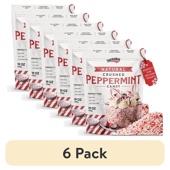 (6 pack) Snackathon Crushed Peppermint Candy Pieces, Natural Red White Mint Bits, 19 OZ