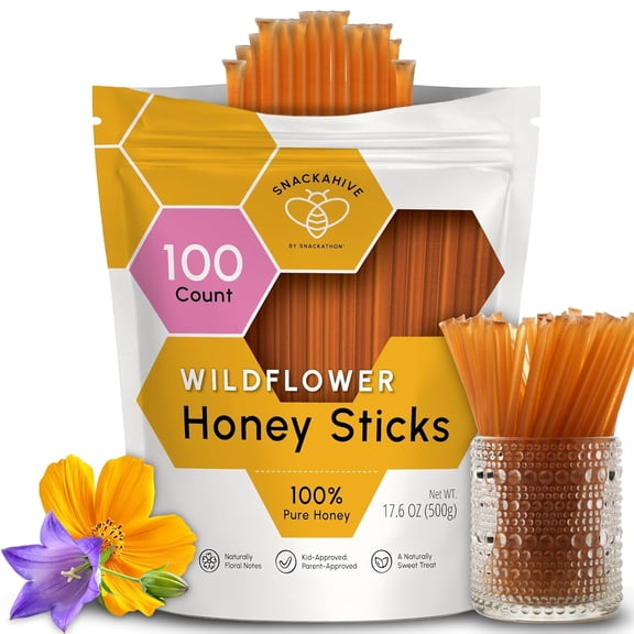 (6 pack) Snackathon Honey Sticks, Wildflower Blossom Pure Honey, 100 Count Bulk