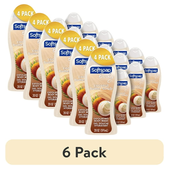(6 pack) Softsoap Exfoliating Body Wash, All Skin Types, Coconut Butter, 20 fl oz Bottle, 4 Pack
