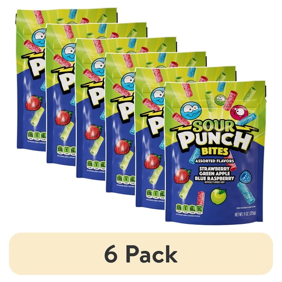 (6 pack) Sour Punch Bites Assorted Flavors Candy, 9oz Resealable Bag