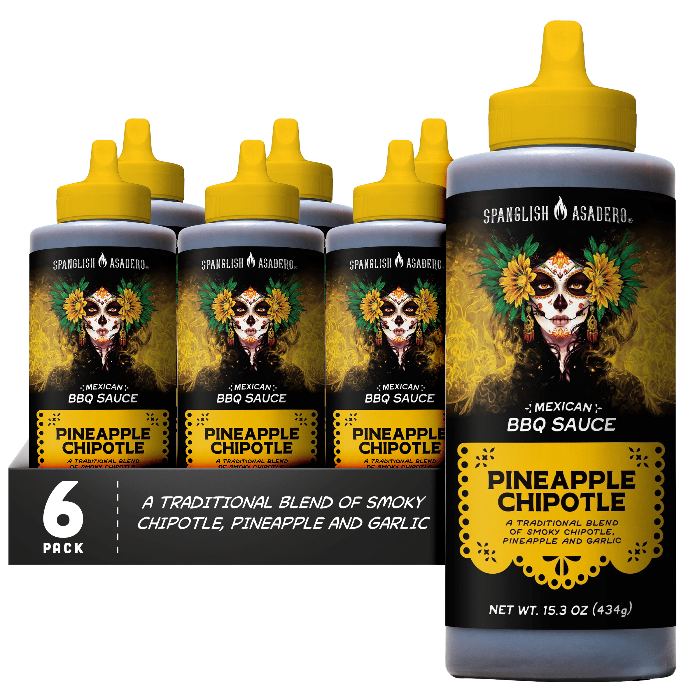 (6 pack) Spanglish Asadero Pineapple Chipotle BBQ Sauce for Beef, Pork, and Chicken, 15.3 oz Bottle