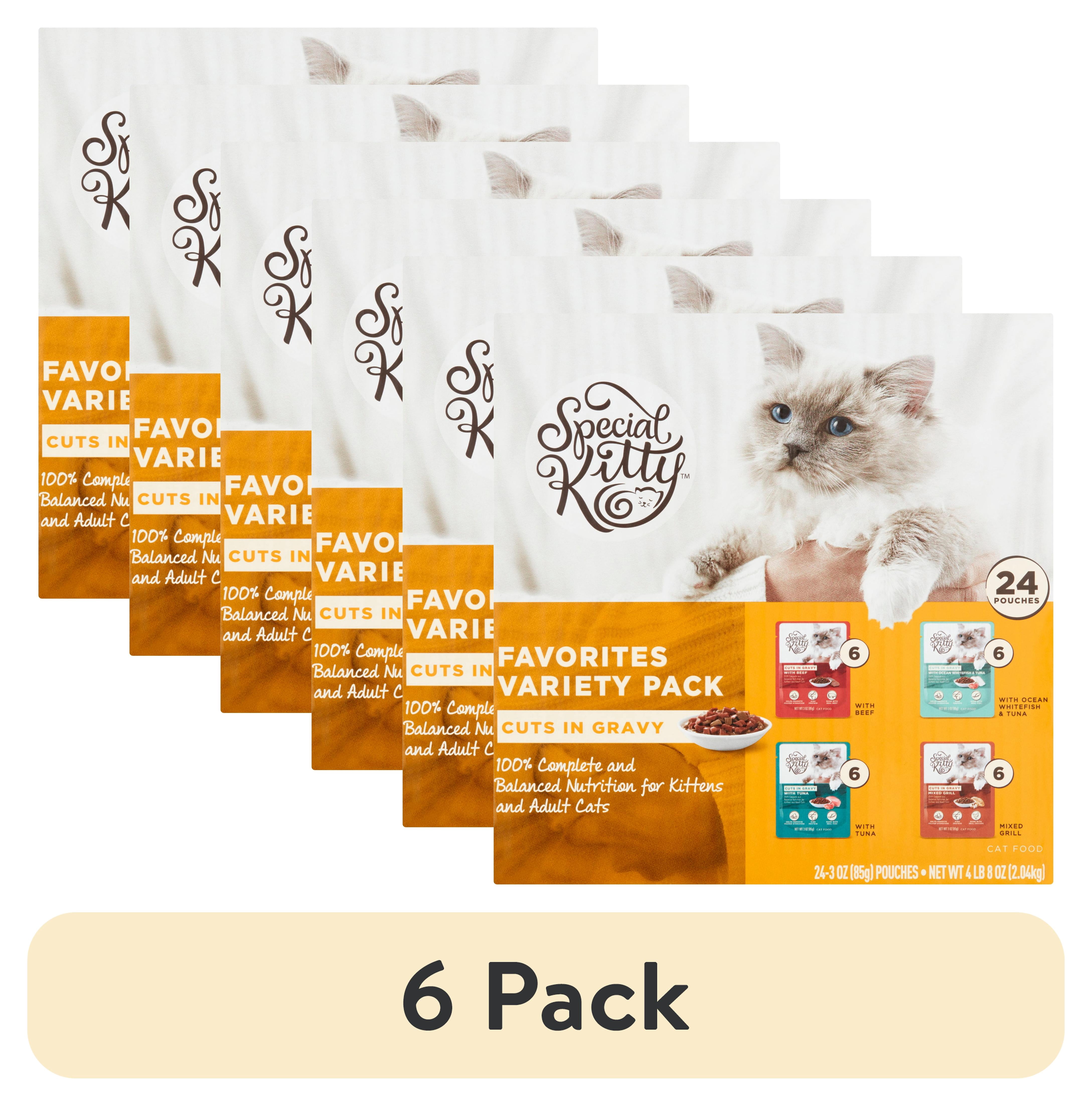 (6 pack) Special Kitty Beef and Ocean Whitefish and Tuna and Mixed Grill Cuts in Gravy Wet Cat Food Favorites Variety Pack, 24 Count