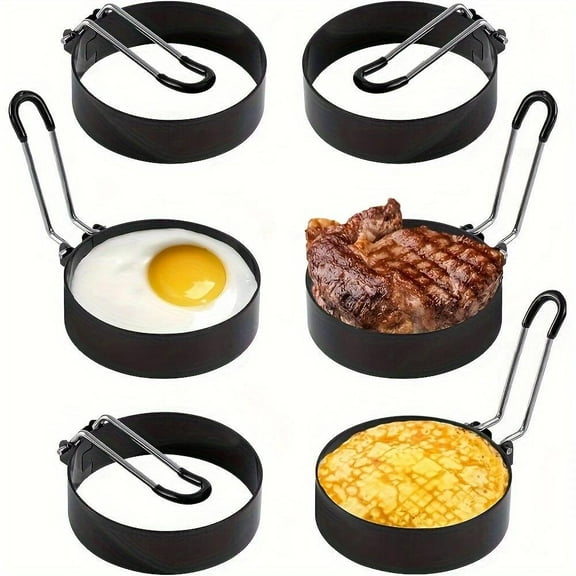 6-pack Stainless Steel Breakfast Egg Cooking Ring, 3-inch Metal Black Diameter Circular Pancake Mold with Handle, Nonstick Kitchen Cooking Supplies, Textiles & Soft Furnishings