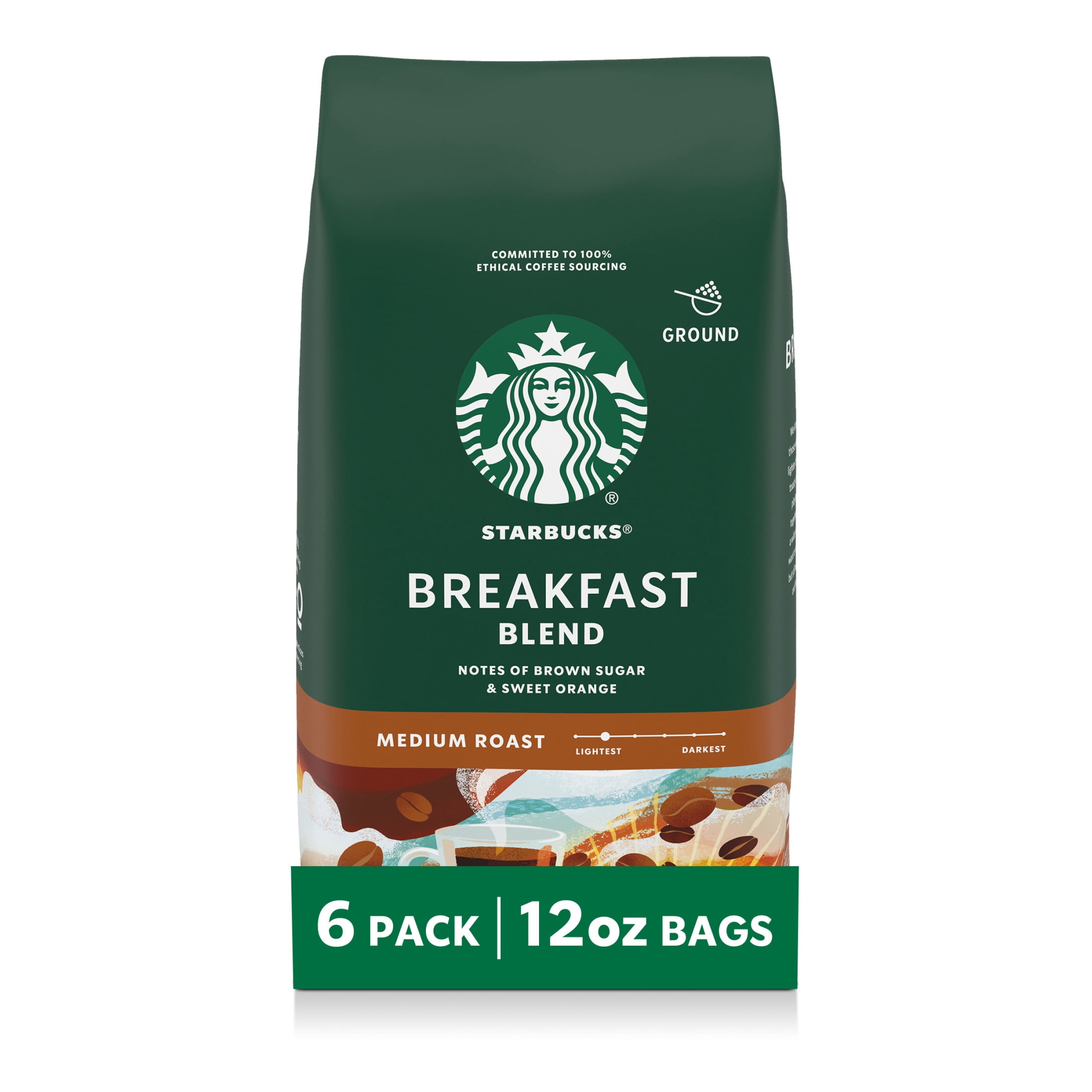 (6 pack) Starbucks Breakfast Blend, Ground Coffee, Medium Roast Hot or Iced Coffee, 12 oz (6 Bags)