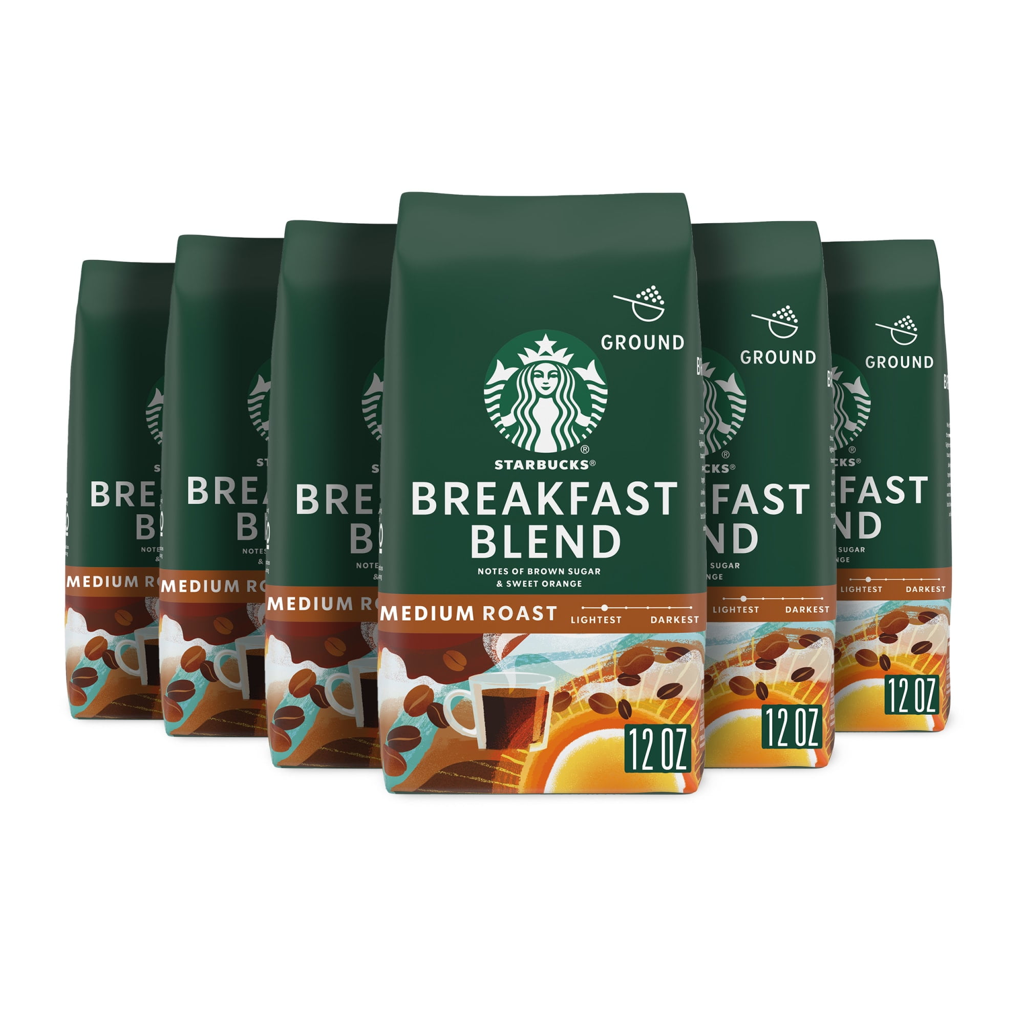 (6 pack) Starbucks Arabica Beans Breakfast Blend, Medium Roast Ground Coffee, 12 oz