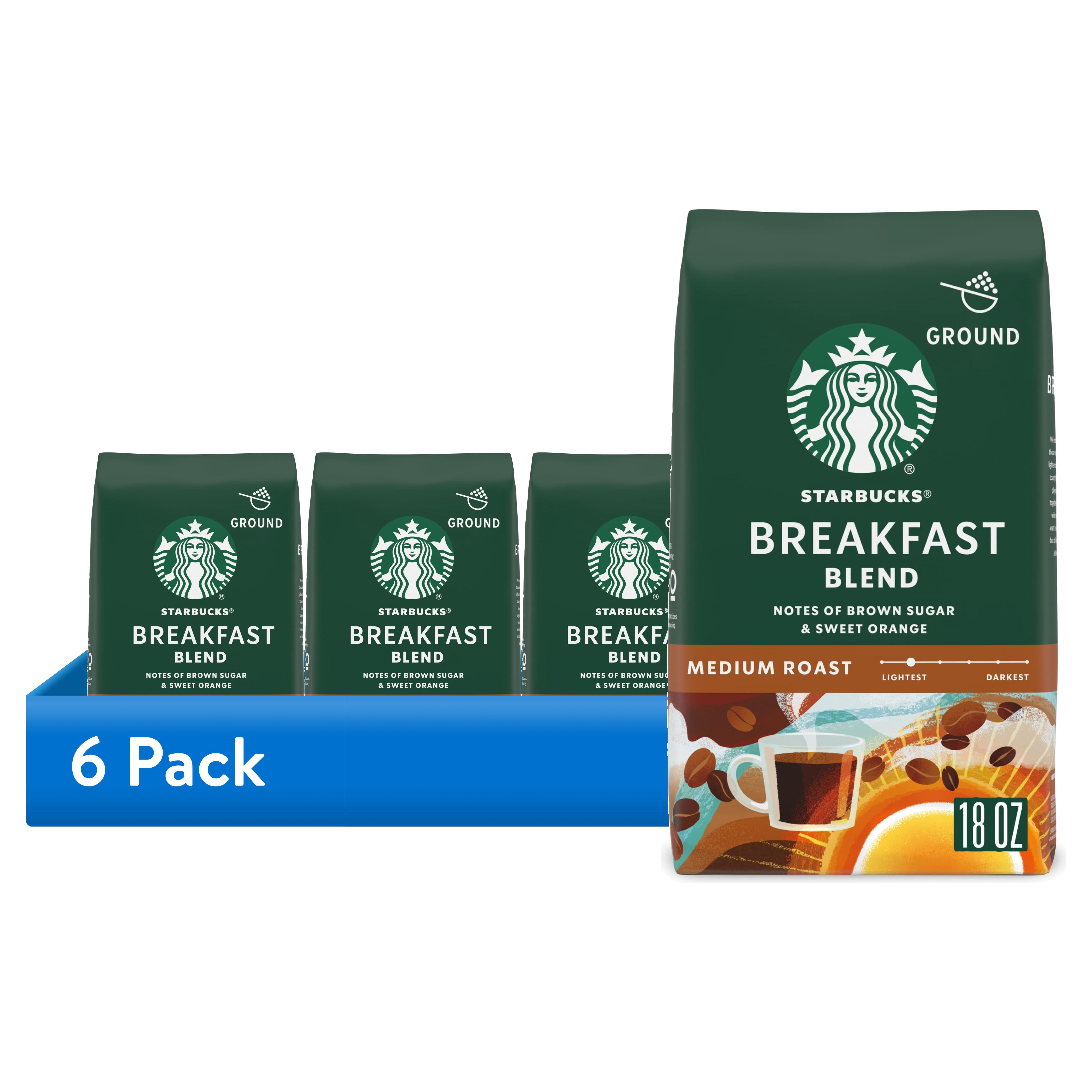 (6 pack) Starbucks Breakfast Blend, Ground Coffee, Medium Roast Hot or Iced Coffee, 18 oz